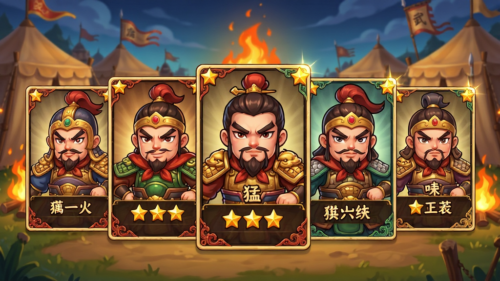 一款以猛将勇士为主题的武将招募界面展示图,画面主体为五位三国名将卡牌竖立排列,卡牌上标注武将名称与星级,背景为古代军营帐篷与篝火,布局为卡牌居中横向展开,排版整齐,风格为Q版中国风卡牌设计,细节包括卡牌边框花纹、武将表情生动、星级闪耀光效,画质高清,干净清爽,无多余元素