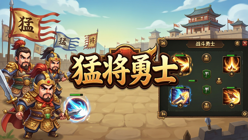 一幅展示猛将勇士游戏主界面的场景图,画面中央是三国风格的游戏logo“猛将勇士”,左侧排列着多位Q版三国武将角色,右侧是战斗布阵界面,背景为古代战场城池,布局清晰,排版主次分明,风格为卡通渲染加中国风元素,细节包括武将铠甲纹路、旗帜飘扬、技能特效光晕,画质高清,干净整洁,无多余元素