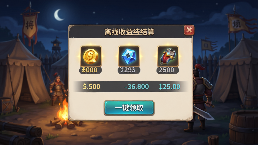 一幅猛将勇士挂机收益界面的展示图,画面中央为离线收益结算弹窗,弹窗内显示金币、经验、装备等资源图标与数量,弹窗下方有一键领取按钮,背景为古代军营夜景与篝火,布局为居中弹窗式排版,风格为简洁明快的游戏UI设计,细节包括资源图标发光、数字滚动效果、按钮高亮,画质高清,干净整洁,无多余元素