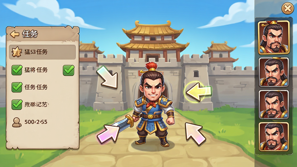 一幅猛将勇士新手引导界面的展示图,画面中央为游戏角色站在城池前,周围有箭头指示点击位置,画面左侧为任务列表,右侧为武将头像栏,背景为古代城池与蓝天,布局为横向宽屏排版,风格为清新卡通游戏引导界面,细节包括箭头高亮闪烁、任务勾选标记、角色待机动画,画质高清,干净简洁,无多余元素