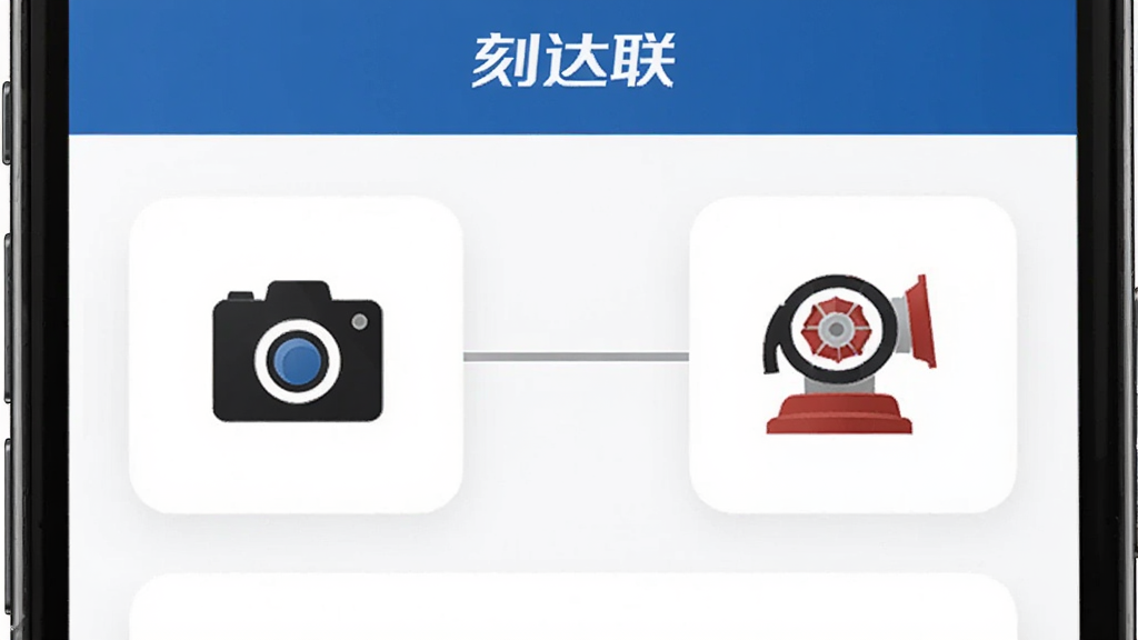 手机屏幕中显示「刻达联」设备管理列表,左侧是摄像头图标,右侧是消防水炮图标,中间用连线连接,界面背景为白色卡片式布局,风格清爽商务,画质清晰干净