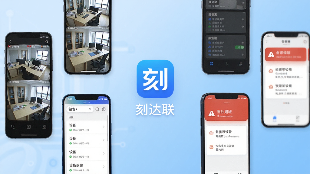 软件主界面全景展示,画面中央是「刻达联」应用图标与名称,周围环绕手机屏幕显示监控画面、设备列表和告警通知,背景为浅蓝色科技感渐变,布局整洁有序,风格现代简约,细节清晰,画质干净无多余元素