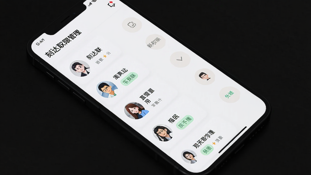 手机屏幕显示「刻达联」权限管理页面,列表中展示不同用户头像与权限标签,背景为白色,风格简约商务,画质清晰无多余装饰