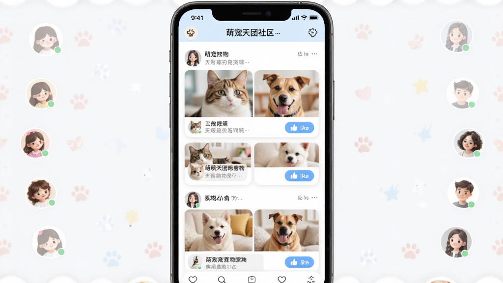 萌宠天团社区互动界面,画面展示手机屏幕中宠物帖子瀑布流,猫咪狗狗照片配文字和点赞按钮,用户头像环绕,布局为上下结构,风格清新可爱,细节丰富,画质高清,干净整洁,无多余元素