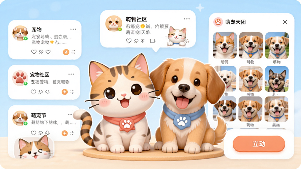 萌宠天团软件主界面展示,画面中央是可爱的猫咪和狗狗卡通形象,周围环绕宠物社区动态卡片、萌宠照片墙和互动按钮,布局清晰,排版整齐,风格温馨活泼,细节精致,画质高清,干净明亮,无多余元素
