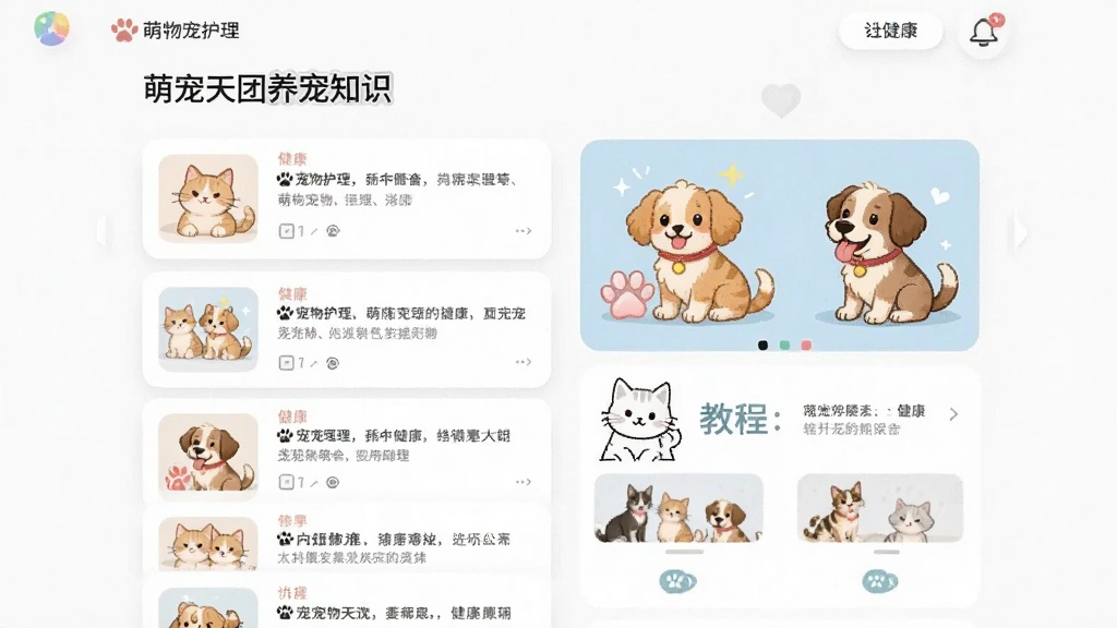 萌宠天团养宠知识页面,界面展示宠物护理文章列表和图文教程,配有猫狗健康插图,布局为卡片式排列,风格简约明快,细节清晰,画质高清,干净整齐,无多余元素