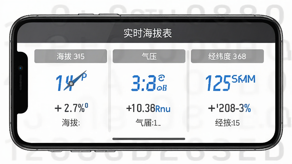 实时海拔表数据面板展示,手机横屏放置,屏幕分为三个区域分别显示海拔、气压和经纬度,布局采用三栏等分布局,风格简约商务,细节包括蓝色数值字体和灰色标签文字,画质高清干净,画面中显示'实时海拔表'名称