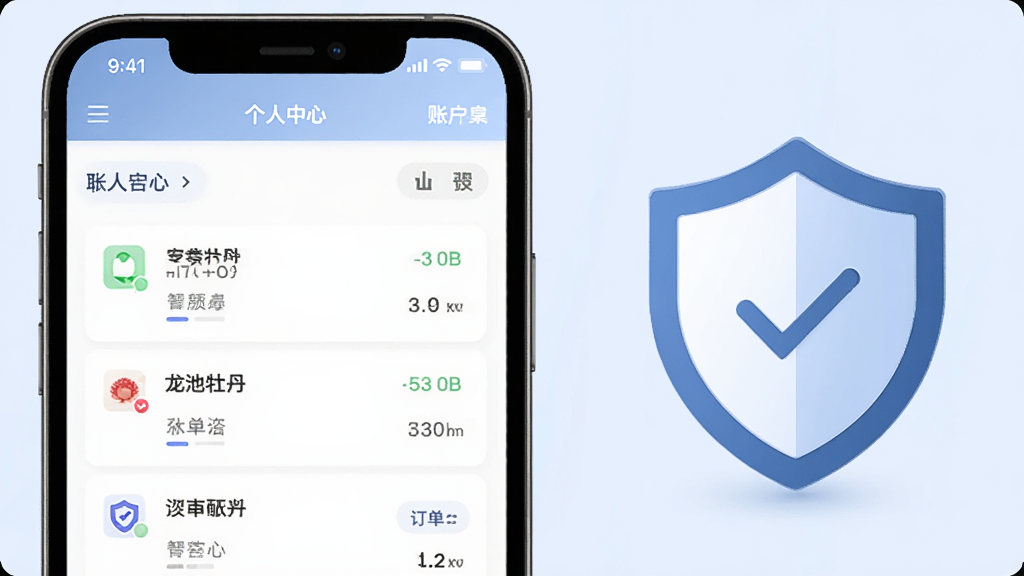 龙池牡丹应用个人中心与订单管理界面的示意图,画面展示手机屏幕内订单列表与账户设置选项,屏幕旁放置一个简约的盾牌图标象征安全防护,背景为淡蓝色调,风格干净商务,细节清晰,画质优良,无多余装饰