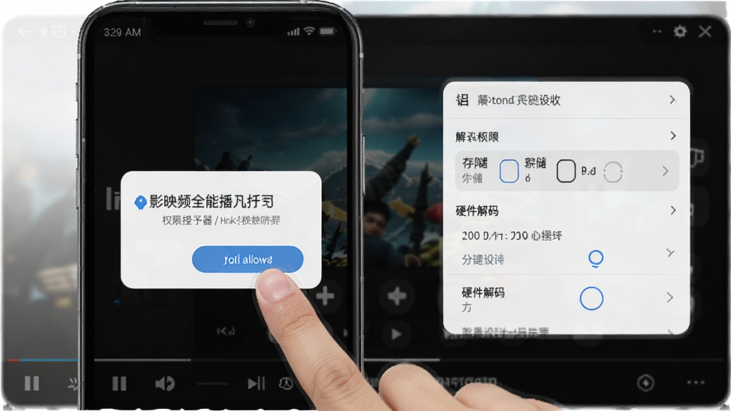 影映视频全能播放器新手设置引导界面,手机屏幕显示权限授予弹窗与解码设置菜单,画面中有手指点击允许按钮的动作,背景为深色播放器界面,布局简洁明了,风格教学指引,细节突出存储权限与硬件解码选项,画质清晰,干净,无多余元素