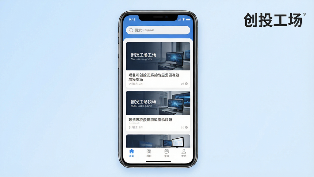 一张展示创投工场手机应用主界面的预览图,画面中央是一部竖屏智能手机,屏幕内显示创投工场APP的首页布局,顶部有搜索栏,中部是项目卡片列表,底部为导航菜单。背景为浅蓝色渐变,整体风格简洁商务。画面右上角有创投工场的文字标识。画质清晰,干净,无多余元素。