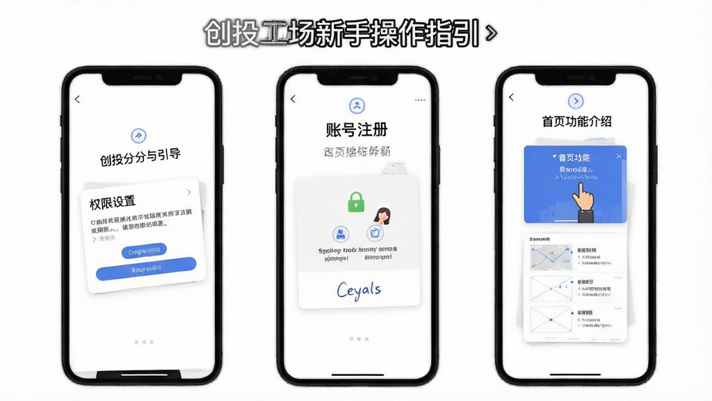 一张展示创投工场新手操作指引的示意图,画面中手机屏幕显示分步引导界面,包含权限设置、账号注册和首页功能介绍,背景为白色,风格简洁,画质清晰,干净,无多余元素。