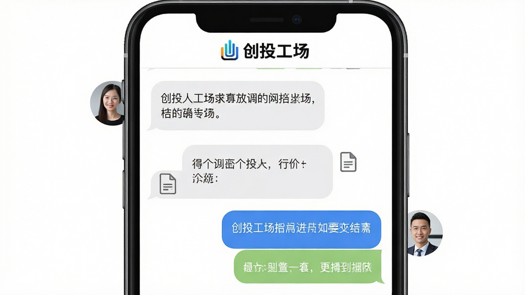 一张创投工场在线聊天界面的示意图,手机屏幕内显示对话气泡,左侧为投资人头像,右侧为创业者头像,对话内容包含文字和文件图标,顶部有创投工场文字标识,背景为白色,风格简洁,画质清晰,干净,无多余元素。