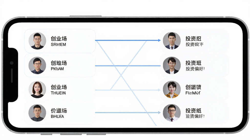 一张创投工场智能匹配功能的界面示意图,画面中手机屏幕显示两个列表相互连接,左侧是创业者头像与项目名称,右侧是投资人头像与投资偏好,中间用线条连接表示匹配成功。背景为白色,风格扁平化,画质清晰,干净,无多余元素。