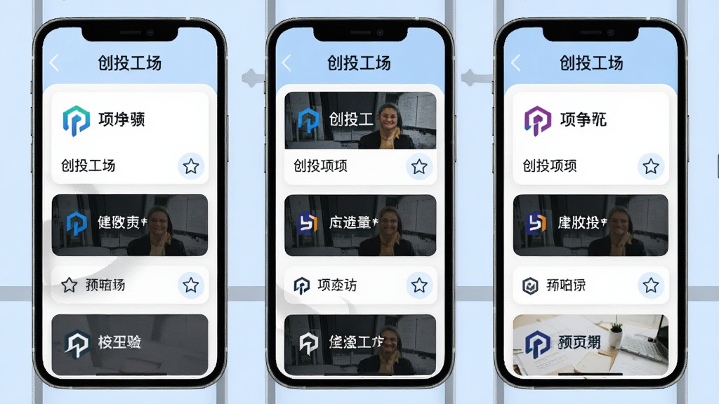 一张创投工场项目收藏列表界面的预览图,手机屏幕内显示多个项目卡片,每个卡片带有项目logo、名称和收藏图标,顶部有创投工场文字标识,背景为浅蓝色,风格清新,画质清晰,干净,无多余元素。