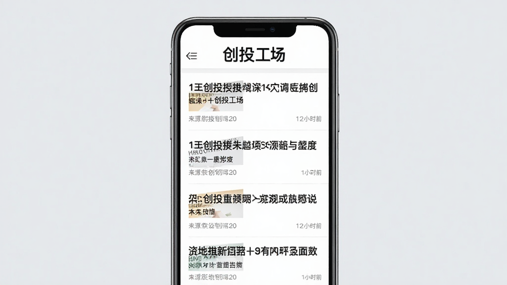 一张创投工场资讯阅读页面的预览图,手机屏幕内显示新闻列表,每条新闻带有标题、来源和时间,顶部有创投工场文字标识,背景为浅灰色,风格清爽简洁,画质清晰,干净,无多余元素。