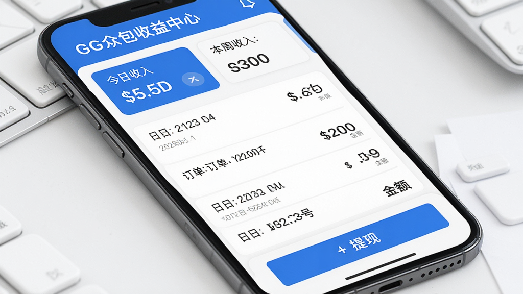 GG众包收益中心界面图,画面主体为手机屏幕显示收益明细列表,每条记录有日期、订单号和金额数字,顶部有今日收入与本周收入的汇总卡片,底部有提现按钮,界面风格为简洁商务风,色调以蓝色和白色为主,细节清晰,画质高清,干净无多余元素