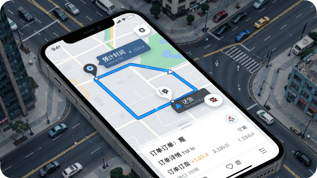 GG众包智能导航界面图,画面展示手机屏幕内嵌地图,地图上有蓝色路线轨迹连接取货点和送货点,路线旁边标注预计时间和距离,屏幕底部有订单详情卡片,背景为城市道路俯视图,风格为科技感UI展示,细节清晰,画质高清,干净无多余元素