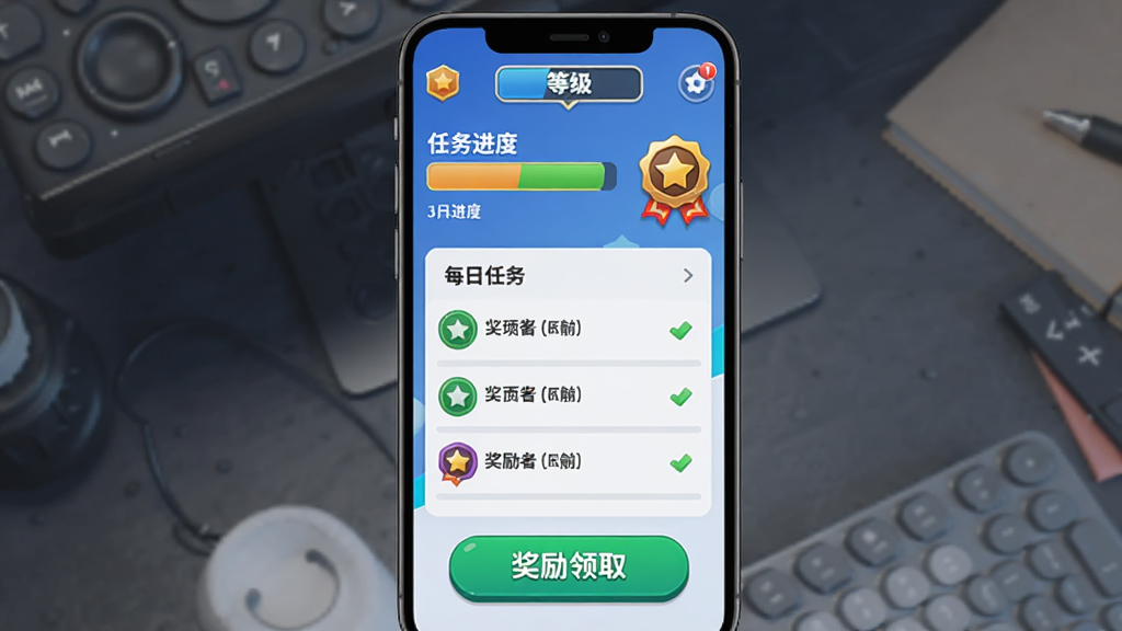 GG众包任务奖励页面图,画面展示手机屏幕内有任务进度条和奖励徽章图标,页面顶部有等级标识,中部有每日任务列表,底部有奖励领取按钮,风格为游戏化UI设计,色调活泼但不过分花哨,细节清晰,画质高清,干净无多余元素