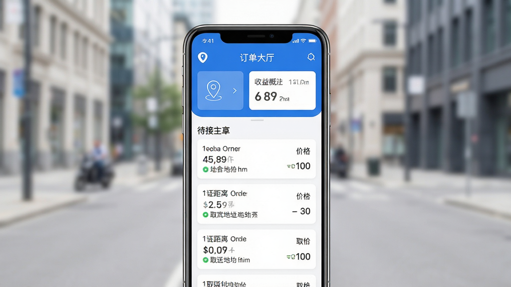 GG众包应用主界面预览图,画面中央展示一部智能手机,屏幕内显示GG众包APP的订单大厅列表,界面以蓝色和白色为主色调,顶部有定位图标和收益概览卡片,下方排列着多个待接订单条目,包含距离、价格和取送地址信息,背景为干净的城市街道虚化场景,风格为写实产品展示,细节清晰,画质高清,干净无多余元素