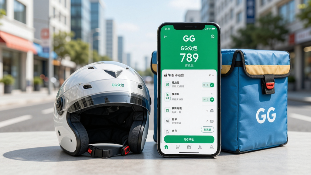GG众包新手操作流程图,画面展示一部手机旁放着头盔和外卖箱,手机屏幕显示GG众包的接单界面,背景为干净的城市街景,光线明亮,风格为生活化产品场景图,细节清晰,画质高清,干净无多余元素