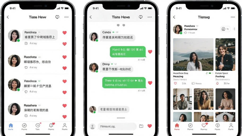 瞬约交友功能界面组合图,主体为三块并排的手机屏幕,分别展示同城推荐列表、聊天对话窗口与动态广场页面,布局为横向排列,排版整齐,风格为清新社交应用视觉,细节包括头像气泡、消息状态图标与点赞爱心标识,画质清晰,画面干净,无多余元素