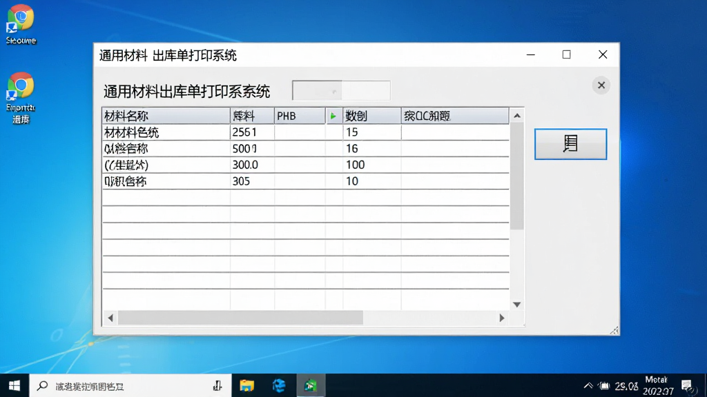 一张展示通用材料出库单打印系统软件界面的图片,画面中央是清晰的标准出库单表格,表格内填写了材料名称和数量,右侧有打印按钮,背景是整洁的Windows电脑桌面,风格为简洁的软件界面截图,画质清晰,干净,无多余元素