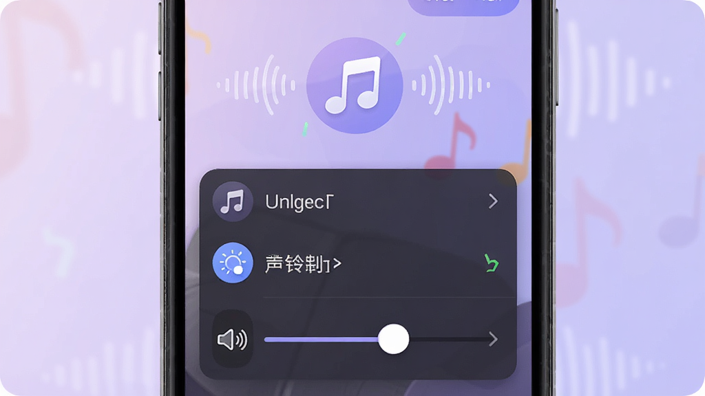 哒哒天气闹钟铃声设置界面展示图,画面中手机屏幕显示铃声列表和音量调节滑块,屏幕上方有音符图标和声波图案装饰,背景为柔和的淡紫色渐变,风格时尚活泼,细节清晰,画质干净,无多余元素