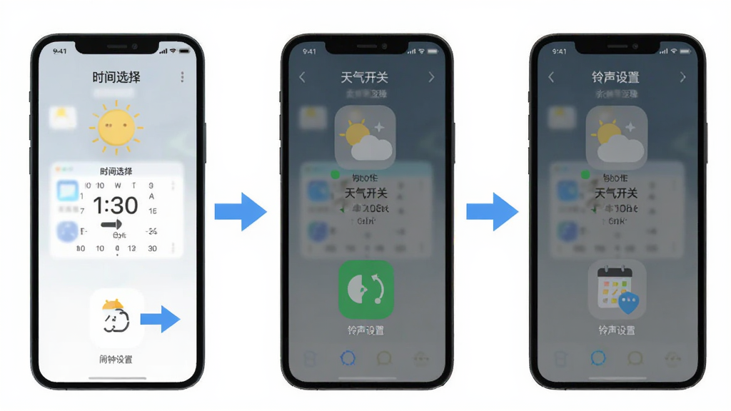 哒哒天气闹钟使用教程示意图,画面中一部手机展示闹钟设置步骤,旁边有箭头标注操作顺序,包含时间选择、天气开关、铃声设置等图标,背景为干净的白色,风格扁平化信息图,细节清晰,画质干净,无多余元素