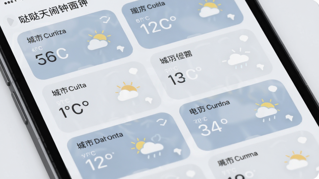 哒哒天气闹钟多城市管理界面展示图,画面中手机屏幕显示多个城市天气卡片列表,每张卡片上有城市名称、温度数字和天气图标,卡片排列整齐,背景为淡雅的灰白色调,风格简约商务,细节清晰,画质干净,无多余元素