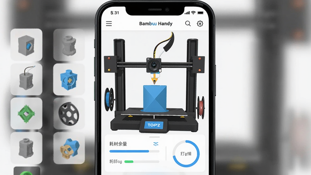 一部智能手机竖向握持,屏幕显示Bambu Handy应用的3D打印机实时监控界面,画面中央是一台正在打印中的拓竹3D打印机,周围环绕着模型库缩略图、耗材余量条和打印进度环,整体布局简洁清晰,风格为现代科技感扁平插画,细节包含打印机喷嘴、线材卷、手机边框高光,画质清晰干净,无多余元素