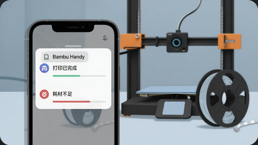 一部手机屏幕弹出Bambu Handy的通知卡片,显示“打印已完成”和“耗材不足”两条提醒,手机旁边是一台3D打印机和一卷耗材,背景为柔和蓝灰色调,风格为简洁UI展示插画,细节包含通知图标、进度条和耗材卷筒,画质清晰干净,无多余元素