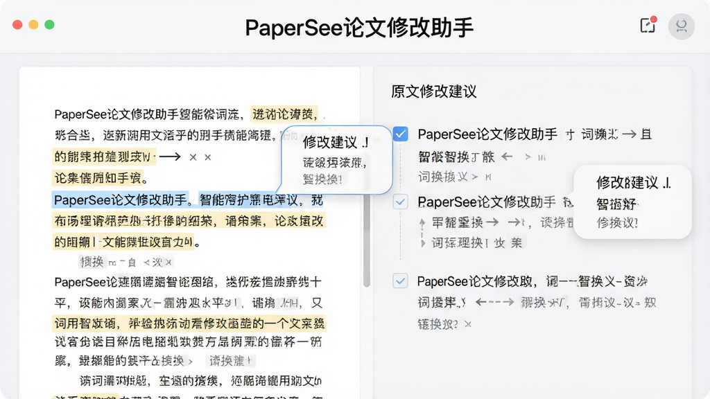 һ��չʾPaperSee�����޸�����������ɫ���ܵ�ͼƬ�����������Ķ��䱻������ע���Ա߸����޸Ľ������ݣ����涥���С�PaperSee�����޸����֡�����������Ϊ���ҷ��������ԭ���Ҳཨ�飬���Ϊ����ѧ���磬ϸ�ڰ�����ѡ��ť���滻��ͷ�����Ա�ǩ�������������ɾ��޶���Ԫ��
