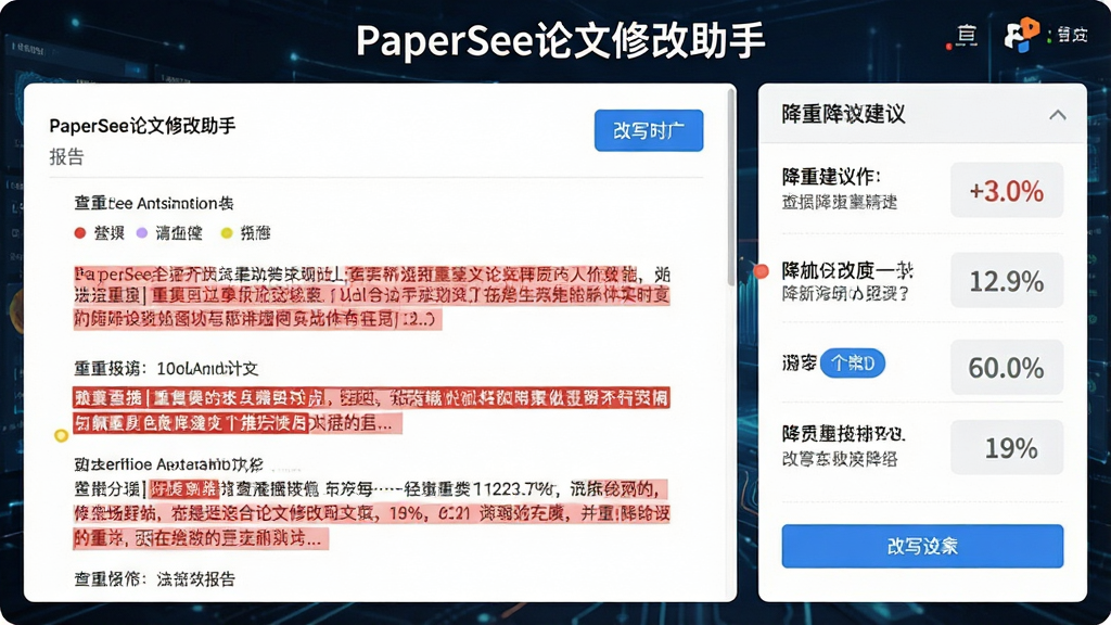 һ��չʾPaperSee�����޸����ֲ��ؽ��ع��ܵ�ͼƬ����������ʾ���ر�����棬�ظ����䱻��ɫ��ǣ��Ա��г����ؽ��鷽�������涥���С�PaperSee�����޸����֡�����������Ϊ�����뽨��˫�������Ϊ�Ƽ����ݷ磬ϸ�ڰ����ٷֱ����֡���ɫ��ǡ���д��ť�������������ɾ��޶���Ԫ��