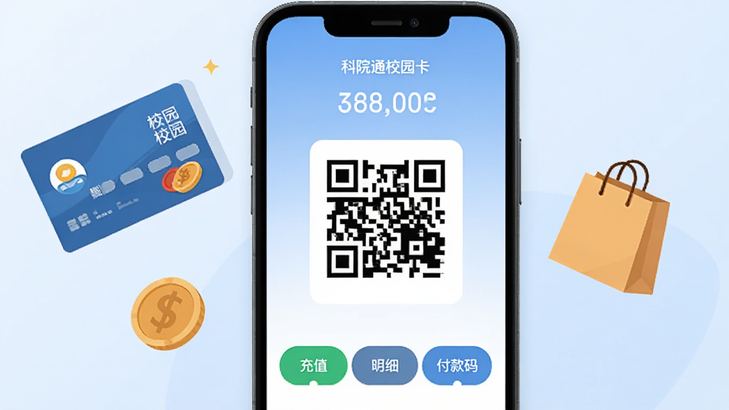 手机屏幕展示科院通校园卡支付界面,屏幕中央是一个二维码付款码,上方显示余额数字,下方有“充值”“明细”“付款码”三个按钮,手机旁边漂浮着校园卡、硬币和购物袋图标,背景为浅蓝色渐变,风格为现代简洁扁平插画,画质高清,无多余元素。