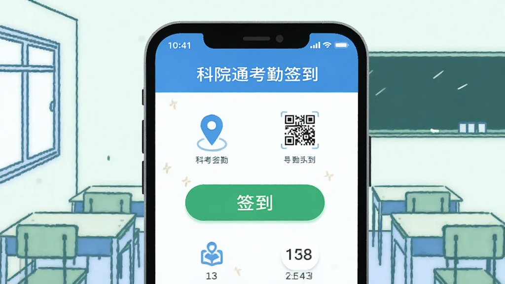 手机屏幕显示科院通考勤签到界面,屏幕中央有一个绿色的“签到”按钮,周围有定位图标、二维码图标和数字码图标,手机后方是教室场景的简笔画,有课桌和黑板元素,整体风格为清新扁平插画,配色以蓝绿为主,画面干净,画质清晰。