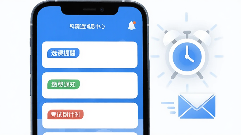 手机屏幕显示科院通消息中心界面,顶部有通知铃铛图标,下方排列着多条带彩色标签的消息卡片,卡片上有“选课提醒”“缴费通知”“考试倒计时”等文字标签,手机旁边有一个发光的闹钟图标和信封图标,整体风格为扁平化UI设计,蓝白配色,背景干净,画质清晰。