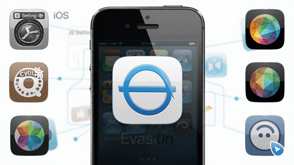 Evasi0nԽ������������Ԥ��ͼ�������������һ��iPhone�ֻ����ֻ���Ļ����ʾEvasi0n�����ı�־��ͼ�꣬ͼ��Ϊ��ɫ����������ɫ�������յĳ���ͼ�����ֻ���Χ������iOSϵͳ���á�Cydia�̵ꡢ��������������Сͼ�꣬���岼�ֲ��þ��жԳ��Ű棬���Ϊ��ƽ���Ƽ�����ƣ�ϸ����ͻ���ֻ���Ļ�ĸ�����ʾЧ����ͼ��Ĺ����ʸУ����������ɾ����޶���Ԫ��
