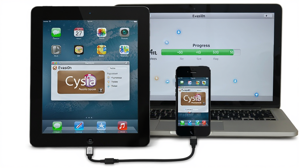 Evasi0n����Խ������չʾͼ����������Ϊһ̨iPadƽ����Ժ�һ̨iPhone�ֻ����Űڷţ���̨�豸��Ļ����ʾԽ���ɹ����Cydia�̵���棬�豸�·�����һ���������������ʼǱ����ԣ��ʼǱ�������Ļ����ʾEvasi0n�����Ĳ��������������ֲ��ú������У����Ϊдʵ�Ƽ��磬ϸ����ͻ���豸��Ļ����������������Ķ�̬�У����ʸɾ��������޶���Ԫ��