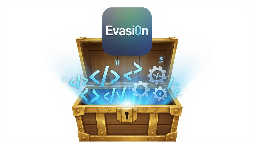 Evasi0n��Դ�������չʾͼ����������Ϊһ���򿪵Ľ�ɫ���䣬������ɢ������ɫ��â����â�и��ֳ�������������ͼ�꣬�����Ϸ�������Evasi0n����ͼ�꣬���ֲ��þ��й�ͼ�����Ϊ��ÿƼ��磬ϸ����ͻ������Ľ����ʸ����â����ͽ��䣬���������ɾ����޶���Ԫ��