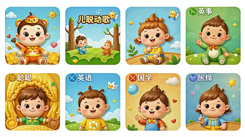 聪聪宝宝动画盒内容库展示界面,画面以网格形式排列着各种卡通动画封面,包括儿歌、故事、英语、国学等分类标签,布局整齐,风格明快可爱,细节丰富,画质高清,干净无多余元素
