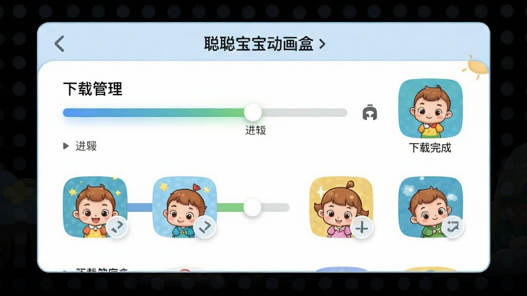 聪聪宝宝动画盒离线缓存界面,画面展示下载管理列表,带有进度条和已下载完成的卡通图标,布局清晰,风格简洁,细节丰富,画质高清,干净无多余元素