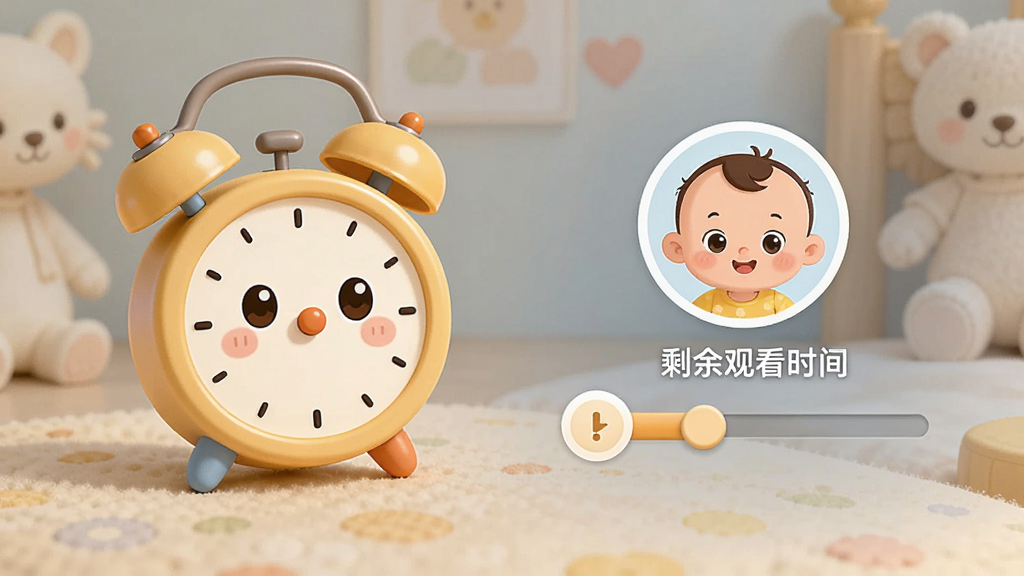 聪聪宝宝动画盒时长管控设置界面,画面中有一个可爱的卡通闹钟和设置滑块,旁边显示宝宝头像和剩余观看时间,布局简洁,风格温馨,细节清晰,画质高清,干净无多余元素