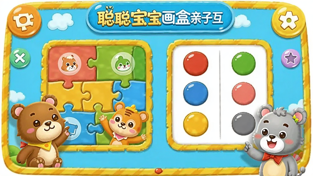 聪聪宝宝动画盒亲子互动游戏界面,画面展示卡通拼图和颜色配对游戏场景,有可爱的动物角色参与,布局活泼,风格童趣,细节丰富,画质高清,干净无多余元素