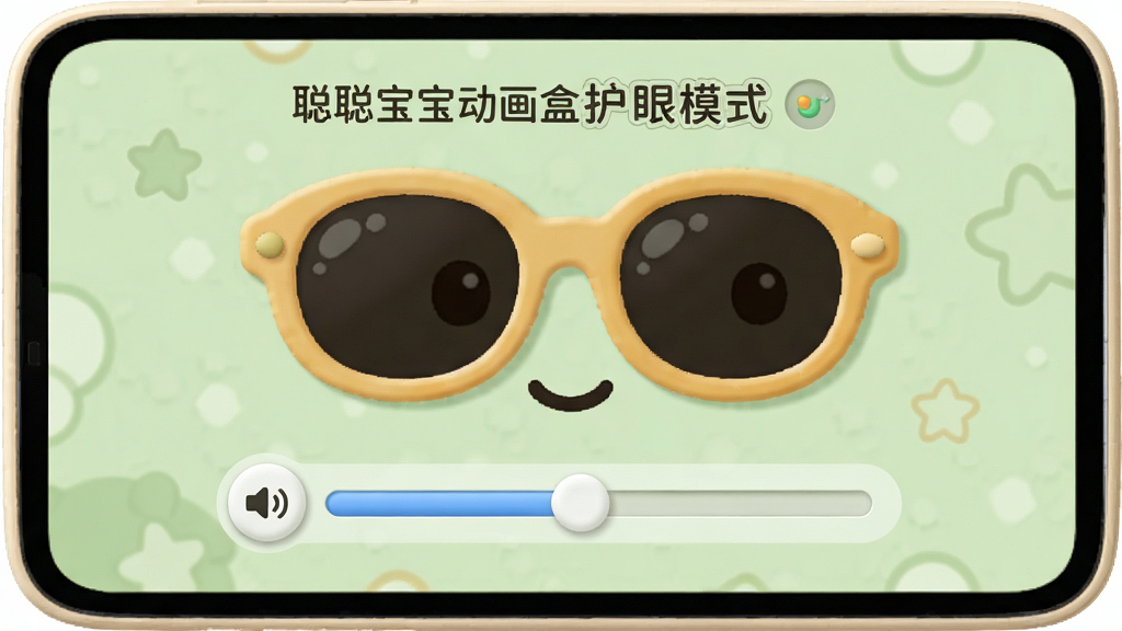 聪聪宝宝动画盒护眼模式设置界面,画面中有太阳镜卡通形象和音量调节滑块,背景为柔和的淡绿色,布局简洁,风格温馨,细节清晰,画质高清,干净无多余元素