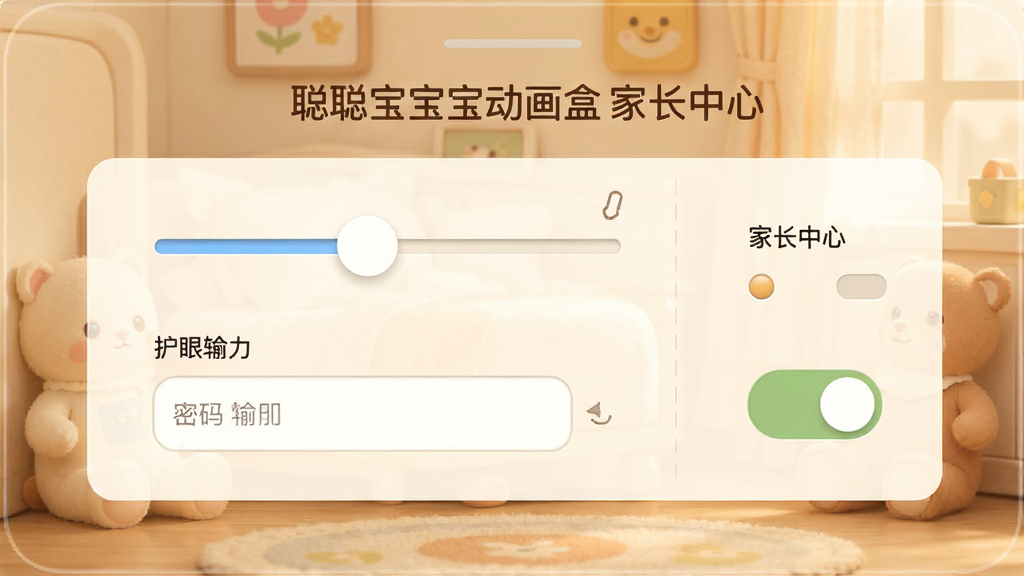 聪聪宝宝动画盒家长中心设置界面,画面展示时长滑块、密码输入框和护眼开关,布局简洁,风格温馨,细节清晰,画质高清,干净无多余元素