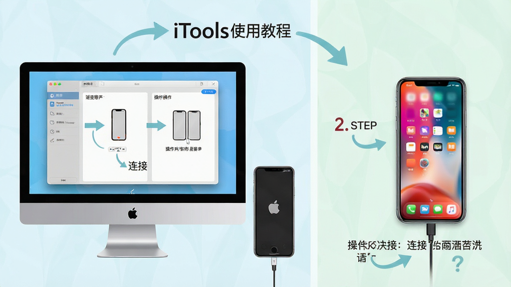 һ��չʾiToolsʹ�ý̵̳�ͼƬ�������е�����Ļ��ʾiTools�������棬�Ա���һ��iPhone���ӵ��ԣ������ڱ�ע�����Ӳ���Ͳ�����ʾ������Ϊ���ҷ��������Ϊ����ǳɫ�磬ϸ�ڰ����������֡���ͷָʾ���豸ͼ�꣬���ʸ��壬����ɾ����޶���Ԫ��