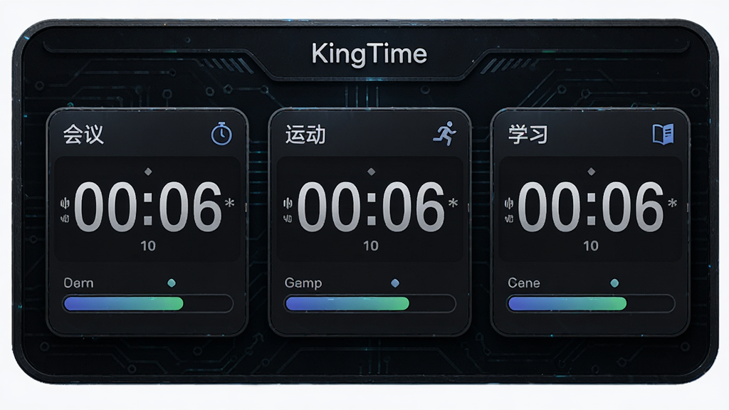 一张展示时间专家(KingTime)多任务计时面板的图片,画面中有三个并排的倒计时窗口,分别标注“会议”“运动”“学习”,每个窗口下方有进度条,背景为深色科技风,布局整齐,风格现代,细节清晰,画质高清,无多余元素。