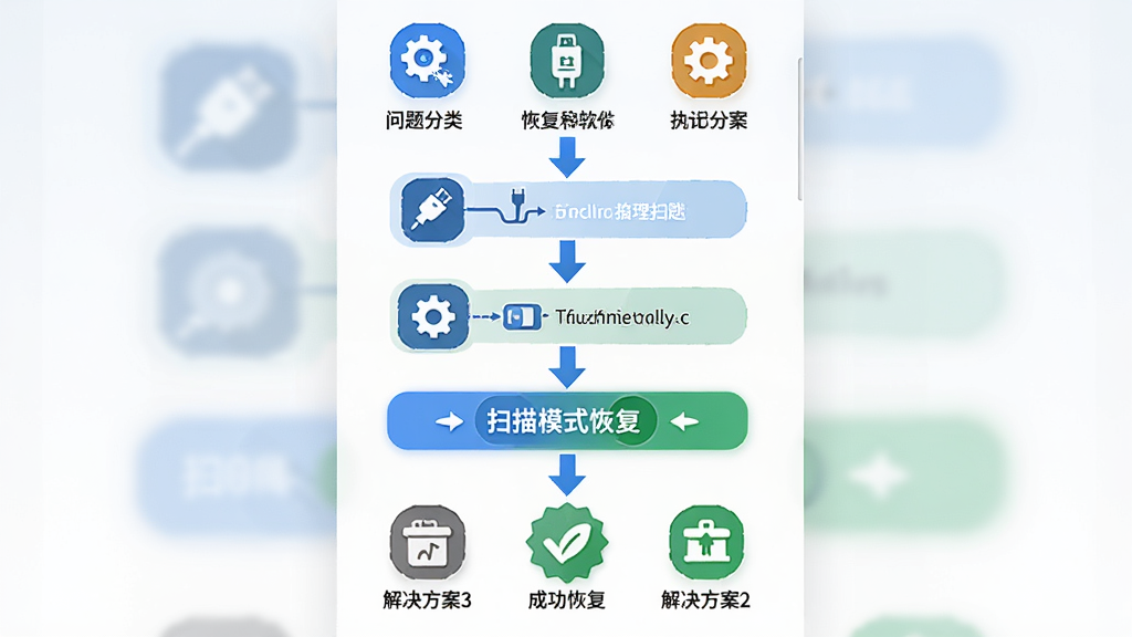 涂师傅安卓手机数据恢复软件故障排查流程图,画面为纵向流程图布局,顶部为问题分类图标,中部为排查步骤箭头连接,底部为解决方案图标,风格为信息图表设计,细节包括数据线图标、驱动图标、扫描模式切换按钮、成功恢复标志,画质清晰,干净,无多余元素