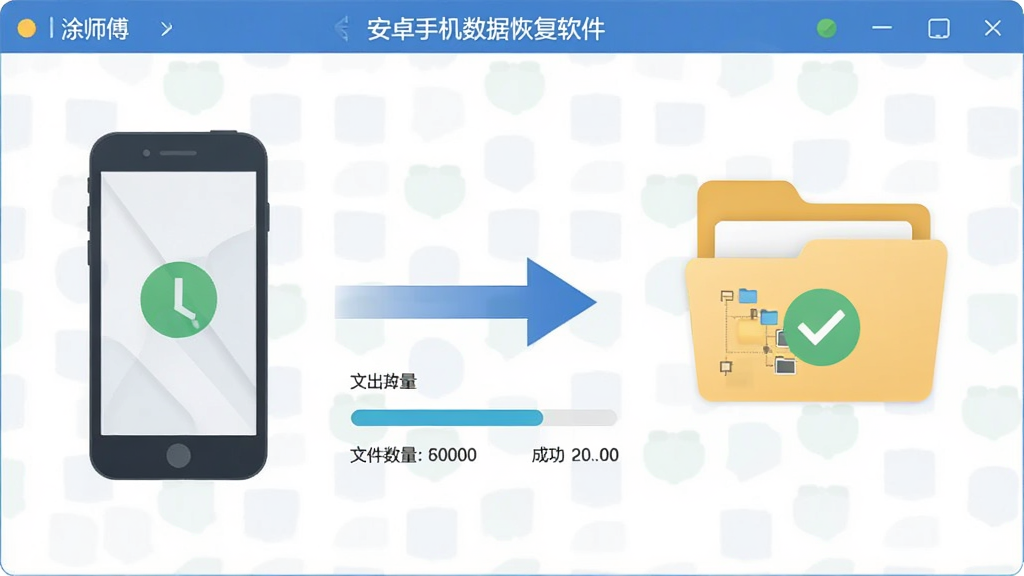 涂师傅安卓手机数据恢复软件一键导出功能界面,画面左侧为手机图标,右侧为电脑文件夹图标,中间以箭头连接表示数据传输,布局为横向流程图,风格为简约商务插画,细节包括导出进度条、文件数量统计、文件夹树状结构、成功勾选标记,画质清晰,干净,无多余元素