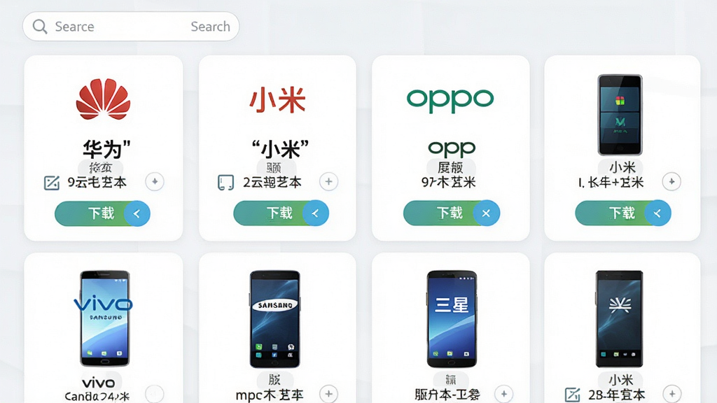 一张展示安卓驱动软件驱动库界面的图片,画面中显示多个手机品牌图标整齐排列,包括